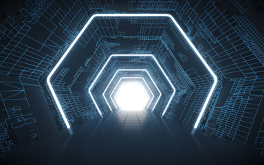 Tunnel and neon with blue background, 3d rendering.