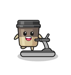 coffee cup cartoon character walking on the treadmill