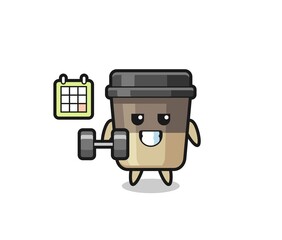 coffee cup mascot cartoon doing fitness with dumbbell