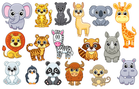 Set of cute Zoo animals in a cartoon style isolated on white background