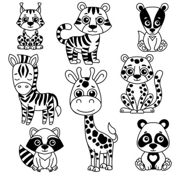 Set of cute black and white Zoo animals. Funny little animals in a cartoon style for laser cut or print