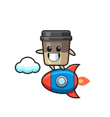 coffee cup mascot character riding a rocket