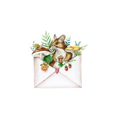 A mouse in a postal envelope with mushrooms and berries. Watercolor illustration. Animal. Plant.Forest. Cute. Beautiful. A postcard. Handmade work. Nature.