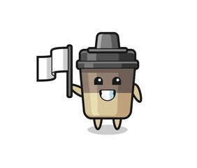 Cartoon character of coffee cup holding a flag