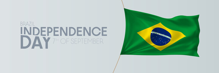 Brazil independence day vector banner, greeting card. Brazilian wavy flag in 7th of September national patriotic holiday horizontal design