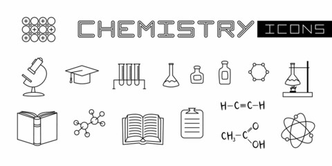 Set of linear isolated elements for Chemistry. Chemical test tubes, flasks for experiments, formulas of substances and scientific objects. Vector illustration for school textbooks, educational project