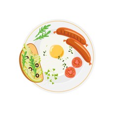 English breakfast on plate. Traditional english breakfast with fried egg,, tomato, sausage, toast. Overhead view of isolated food. Vector illustration on white. Flat design for menu, cafe, restaurant.
