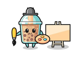 Illustration of bubble tea mascot as a painter
