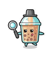 bubble tea cartoon character searching with a magnifying glass