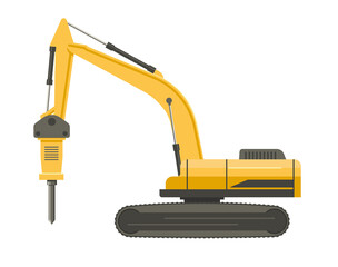 Yellow hydraulic hammer isolated on transparent white background. Vector flat design illustration. Side view.