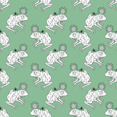 Vector seamless pattern magic witch frog for halloween on green background. Hand drawn black and white outline design for wallpaper, wrapper, backdrop, banner decoration.
