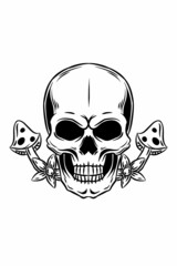 Skull with mushroom and flower vector illustration