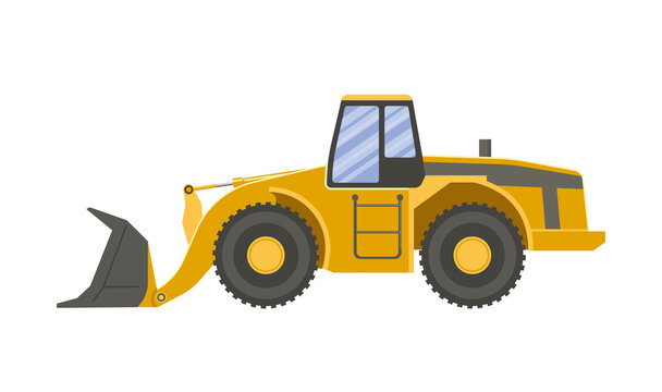 Yellow bulldozer isolated on transparent white background. Vector flat design illustration. Side view.