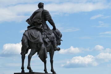 Nizhny Novgorod, Russia, 08.05.2021. Monument to Alexander Nevsky at the Cathedral on the Strelka,...