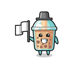 Cartoon character of bubble tea holding a flag