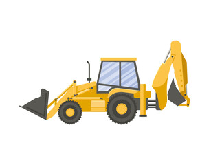 Obraz na płótnie Canvas Yellow tractor with backhoe isolated on transparent white background. Vector flat design illustration. Side view.