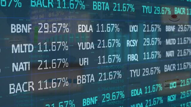 Digital animation of stock market and statistical data processing against blue background