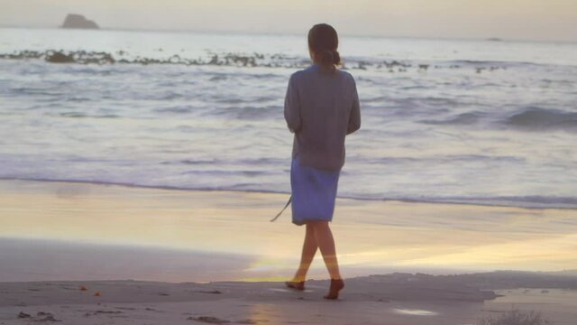 Rear view of woman walking on the beach during sunset