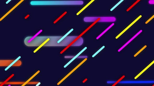 Animation of colourful lines moving diagonally over capsule shapes on black background
