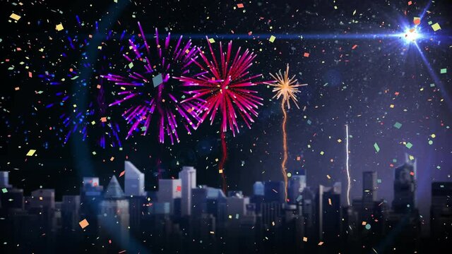 Animation of colourful confetti and fireworks over night time cityscape
