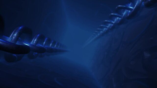 View inside of a scary abstract elevator with moving thick chains, seamless loop. Motion. Top view of a dark tunnel of lift shaft.