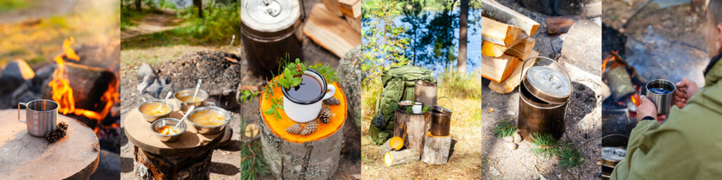 Collage of six photos. Concept of active tourism, camping in the forecast, trekking and hiking during vacations, food preparation outdoors in the camp in summer. Banner