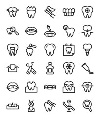Dentistry Icon Set - Vector Illustration . Teeth, Dental, Dentistry, Implant, Toothpaste, Toothbrush Icons .