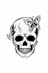 Human skull with butterfly and plant vector illustration