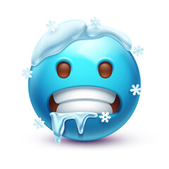 Cold emoji. Freezing emoticon, icy blue face with gritted teeth, icicles and snow cap 3D stylized vector icon