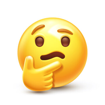 Thinking emoji. Chin thumb emoticon, pondering yellow face with furrowed eyebrows, thumb and index finger on chin 3D stylized vector icon