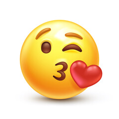 Kiss emoji. Love emoticon with lips blowing a kiss, winking yellow face with red heart 3D stylized vector icon