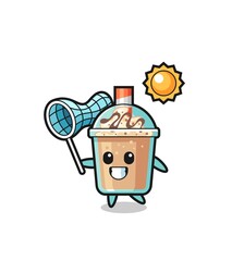 milkshake mascot illustration is catching butterfly
