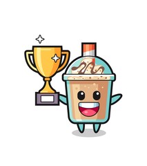Cartoon Illustration of milkshake is happy holding up the golden trophy