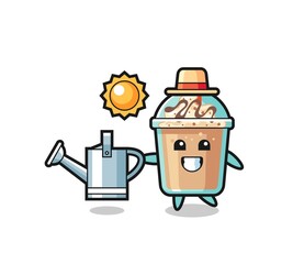 Cartoon character of milkshake holding watering can