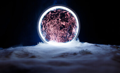 Round mystical portal. Neon color geometric circle with water on dark background. Futuristic smoke. 