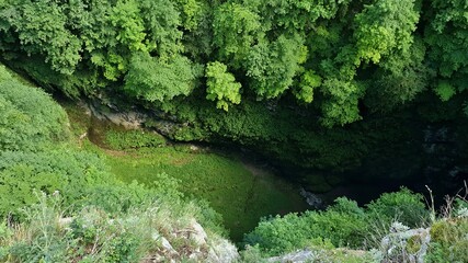 A top down view into a deep Macocha Abyss also known as Macocha Gorge in the Czech Republic. A view of the bottom of Macocha Abyss.