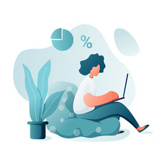 Illustration vector graphic of girl with laptop sitting on the chair. Freelance or studying concept. Cute illustration in flat design style