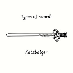 Types of swords. Katzbalger. Ink black and white doodle drawing in woodcut style.