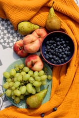 Fresh fruits and berries on a table. Top view photo of blueberry, grapes, pears and peaches. Summer food close up photo. Eating fresh concept. 