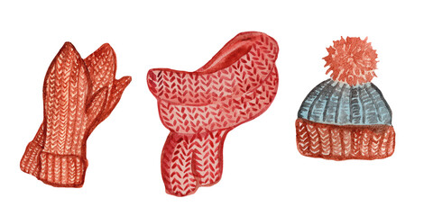 watercolor set of warm knits: a hat with a pompom, a red scarf and mittens