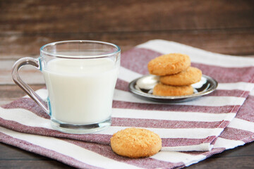 white milk in a glass mug and shortbread cookies