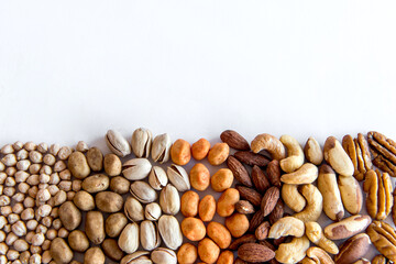 Healthy snack, beans, pistachios, Brazil nuts, chickpeas, peanuts and almonds on white background.