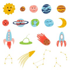 Space elements in cartoon flat childish style. Vector illustration of planets, rocket, meteorite, constellation on white background for baby apparel, textile and product design, wallpaper, wrapping