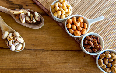 Fototapeta na wymiar Healthy snack, beans, pistachios, Brazil nuts, chickpeas, peanuts and almonds.