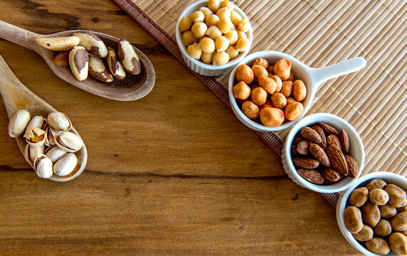 Healthy snack, beans, pistachios, Brazil nuts, chickpeas, peanuts and almonds.