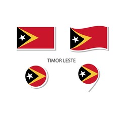 Timor Leste flag logo icon set, rectangle flat icons, circular shape, marker with flags.