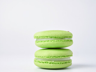 Sweet and colorful French pasta or pasta on a white background, Dessert.