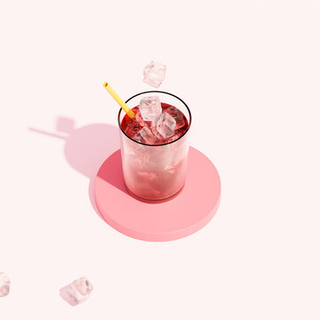Drink in glass with ice and straw on beige background, 3d render