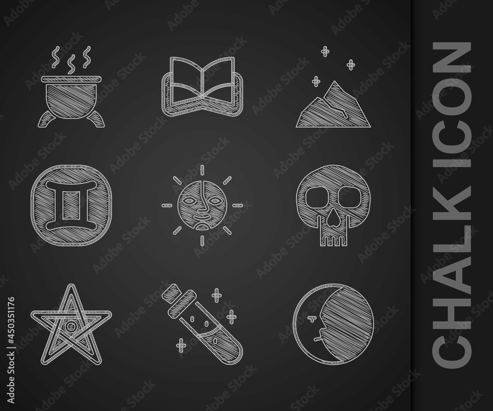 Wall mural set sun, bottle with potion, moon, skull, pentagram, gemini zodiac, magic powder and witch cauldron 