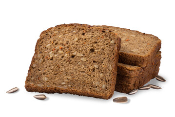 Bread made from a mixture of rye and wheat flour, with sunflower seeds and carrots.Fresh, healthy product isolated on a white background.